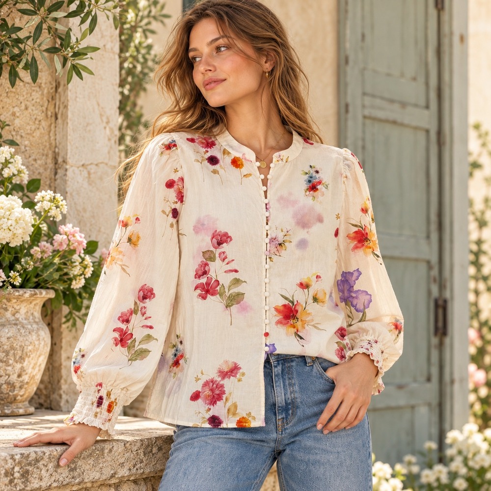 Bailey 44 Floral Puff Sleeve Sheer Top Sz M Ivory Romantic Boho Regency Fairy
